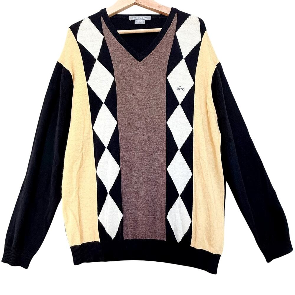 VTG Lacoste Argyle Sweater Mens sz 7 2XL Yellow Black Fine Merino Wool Preppy